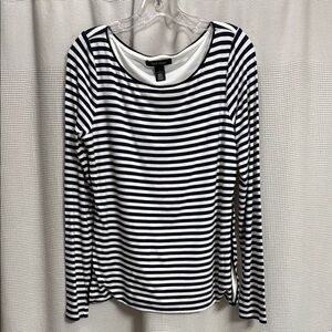 WHBM Breton Striped Jersey T Shirt Women’s SZ L navy/white nautical preppy scoop